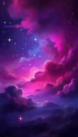 Fuchsia pink colored gradient mystical sky with clouds and stars phone background wallpaper, ai generated photo