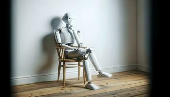 Ai generative Robot humanoid sitting on vintage chair in empty room and thinking, artificial intelligence concept photo