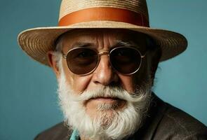 Ai generative Closeup portrait of cool stylish elderly handsome man with grey beard, straw hat and sun glasses photo