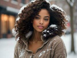 Ai generative Portrait of beautiful African american female model wearing winter clothing style under falling snow, fashion background, banner, template photo