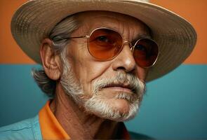 Ai generative Closeup portrait of cool stylish elderly handsome man with grey beard, straw hat and sun glasses photo