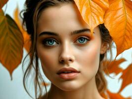 Ai generative Portrait of beautiful woman with blue eyes behind orange leaves, background, template photo