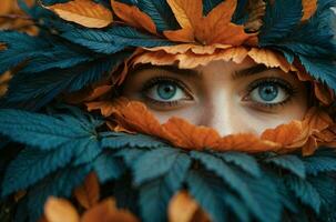 Ai generative Portrait of beautiful woman with blue eyes behind orange leaves, background, template photo