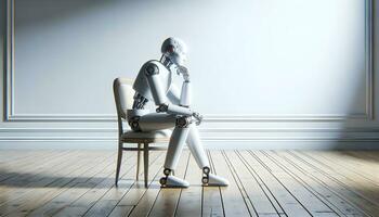 Ai generative Robot humanoid sitting on vintage chair in empty room and thinking, artificial intelligence concept photo