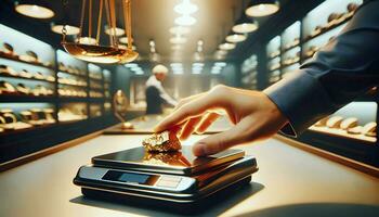 Ai generative Closeup of hand putting nugget of gold on scale at jewellery shop, wealth concept photo