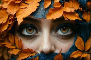 Ai generative Portrait of beautiful woman with blue eyes behind orange leaves, background, template photo