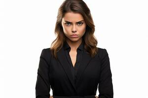 Woman in suit standing and showing his angry emotion. Portrait businesswoman during angry. Isolated on white background. Generative AI photo