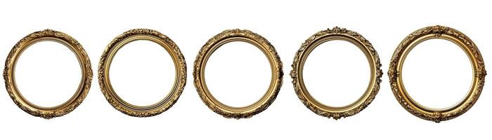 Collection of front view antique circle golden picture frame. Photo of ancient vintage mirror frame. Isolated on white background. Generative AI