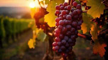 viñedos a puesta de sol en otoño cosecha. maduro uvas en caer. manojo de maduro uvas en viñedos. generativo ai foto