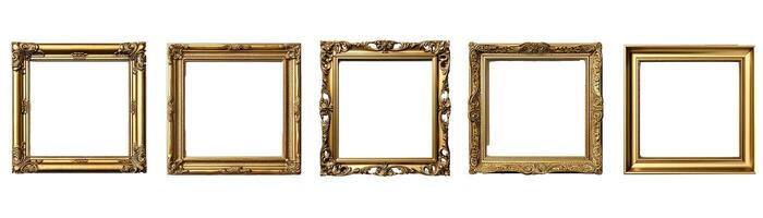 Collection of front view antique square golden picture frame. Photo of ancient vintage mirror frame. Isolated on white background. Generative AI