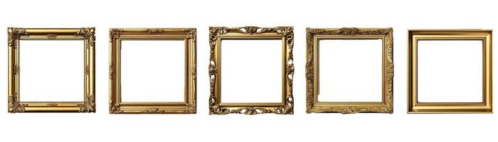 Collection of front view antique square golden picture frame. Photo of ancient vintage mirror frame. Isolated on white background. Generative AI