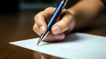 Business concept. Photo close up of hand writing on the paper. Businessman signing a document or write a message. Generative AI