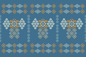 Ethnic geometric fabric pattern Cross Stitch.Ikat embroidery Ethnic oriental Pixel pattern blue background. Abstract,vector,illustration. Texture,clothing,frame,decoration,motifs,silk wallpaper. vector