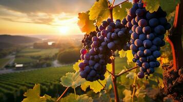 Vineyards at sunset in autumn harvest. Ripe grapes in fall. Bunch of ripe grapes on vineyards. Generative AI photo