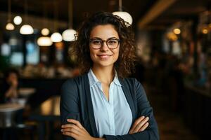 Portrait of a beautiful confident businesswoman smiling and crossed arm in a modern office.For business, marketing, advertising concept. Generative AI photo