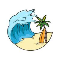 sea wave, palm tree with surfing board  illustration vector