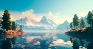 3d game environment of natural scene with mountains and lakes generative ai photo