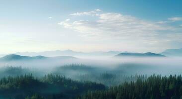 foggy landscape with sky and deep forest environment generative ai photo