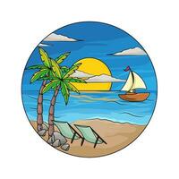 palm tree, chair with boat in beach illustration vector