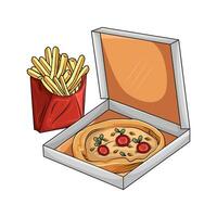 pizza with french fries illustration vector