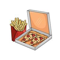 pizza with french fries illustration vector