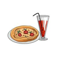 pizza pepperoni with glass drink illustration vector