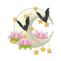 flor, estrella, Luna con murciélago ilustración vector