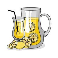 lemon juice in teapot with lemon juice in glass drink illustration vector