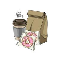 donut in plastic, package, cup drink  illustration vector