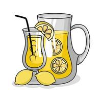 lemon juice in teapot with lemon juice in glass drink illustration vector