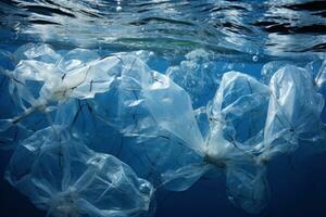 AI generated Ocean pollution concept plastic bags under water photo