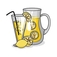 lemon juice in teapot with lemon juice in glass drink illustration vector