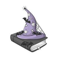 spooky hat in magic book, spider web with bat illustration vector