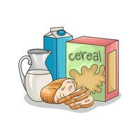 cereal box, milk with wheat bread illustration vector