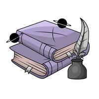 magic book, planet with quill in ink illustration vector