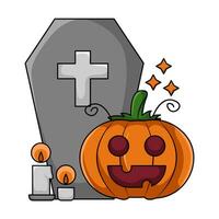 pumpkin halloween, candle with tombstone illustration vector