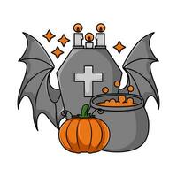 pumpkin, pot potion, candle in tombstone with  wing bat illustration vector