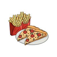 pizza with french fries illustration vector