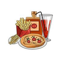 Pizza pepperoni, beber, francés papas fritas con botella salsa ilustración vector