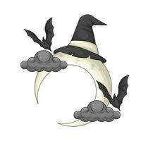 spooky hat in moon, cloud with bat illustration vector