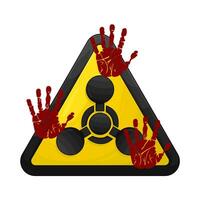 radiactive  in caution baord with palm prints blood illustration vector