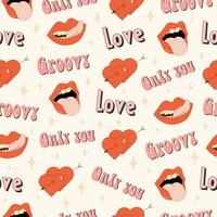 Retro Hippie Groovy Valentines Day seamless pattern.Y2k aesthetic vector