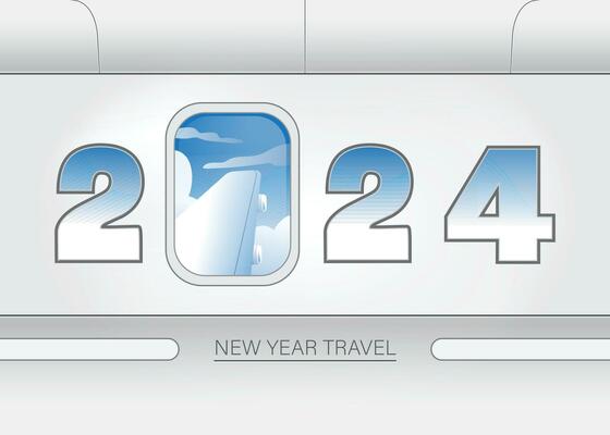 2024 New year Travel concept airplane window on white background illustration for celebration, card, wallpaper, online, advertising