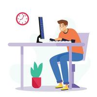 Man working on computer in office. Vector illustration in flat style.