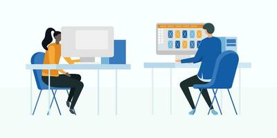 Office Employee Men and Women Working on Office Desk Digital Vector Illustrations