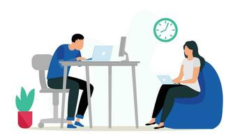 Man and woman sitting at the desk with laptops Vector illustration.