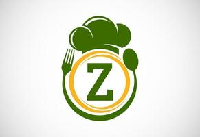 Initial alphabet Z with chef hat, spoon and fork. Modern vector logo for cafe, restaurant, cooking business, and company identity