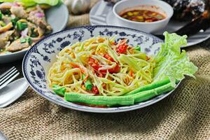 Delicious Thai food on the table in a restaurant in Thailand, papaya salad, larb, waterfall, sticky rice. photo