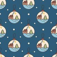 Seamless pattern with Christmas ball with landscape. Vector doodle