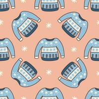 Seamless pattern with blue knitted sweater with snowflakes. Vector